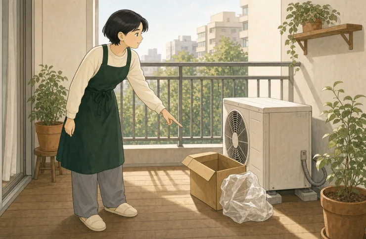 모아가 에어컨 실외기에서 떨어진 안전한 위치에서 주변 상자와 보이는 전선 상태를 살펴보는 일러스트