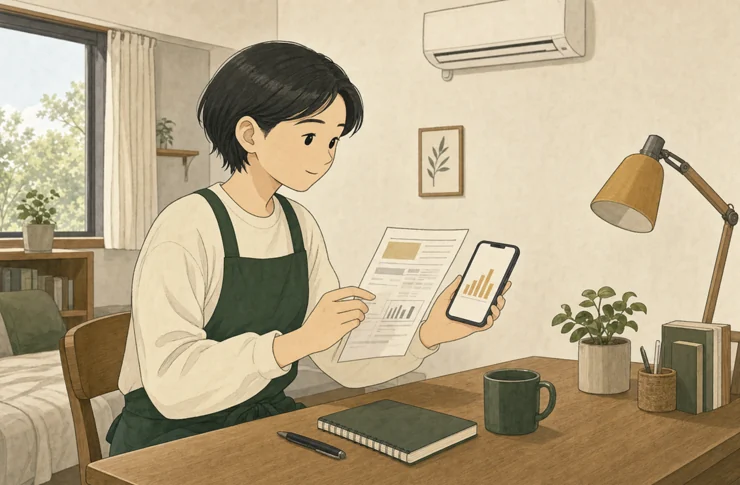 모아가 원룸 책상에서 종이 전기요금 고지서와 휴대전화의 사용량 그래프를 나란히 확인하는 일러스트