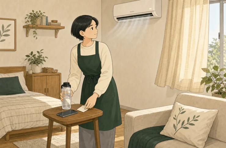모아가 폭염에 대비해 원룸 탁자에 물병과 휴대전화, 비상연락 메모를 함께 두는 일러스트