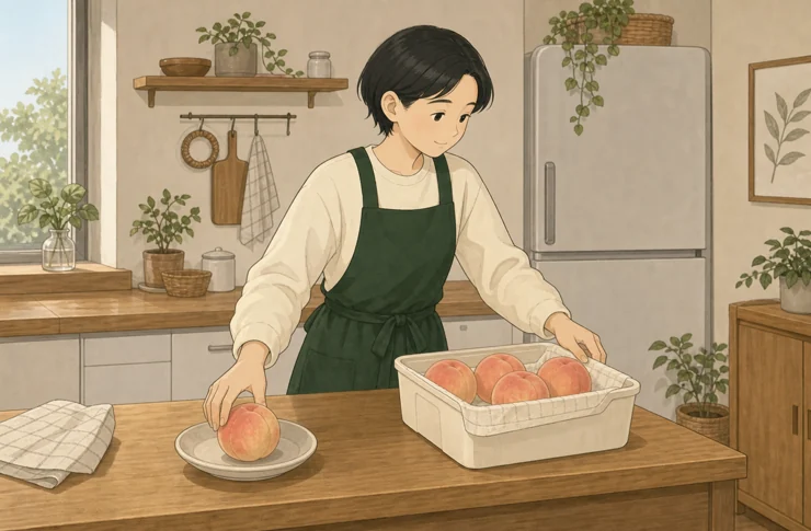 모아가 원룸 주방에서 복숭아를 먼저 먹을 접시와 보관 용기로 나누는 일러스트