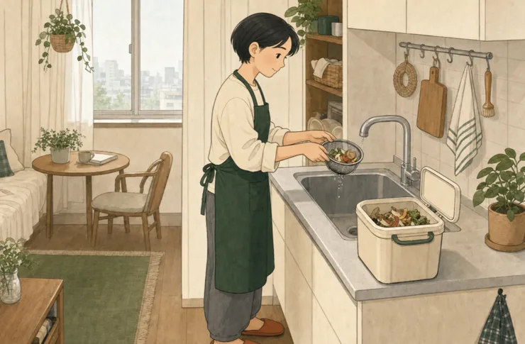 모아가 원룸 주방 싱크대에서 채소 껍질의 물기를 거름망으로 빼고 작은 음식물 용기를 준비하는 일러스트