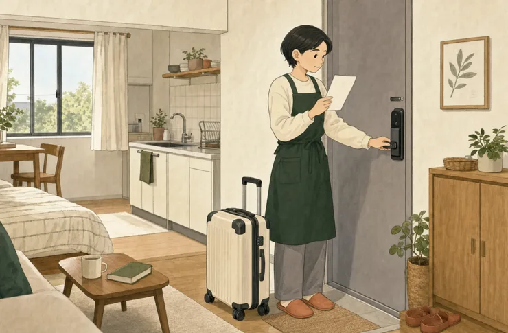 모아가 여행가방을 옆에 두고 원룸 현관문을 잠그기 전에 빈 점검표를 확인하는 일러스트
