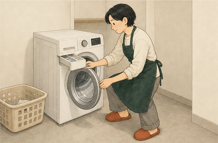 모아가 드럼세탁기의 세제함과 도어 고무패킹을 조심스럽게 확인하는 일러스트